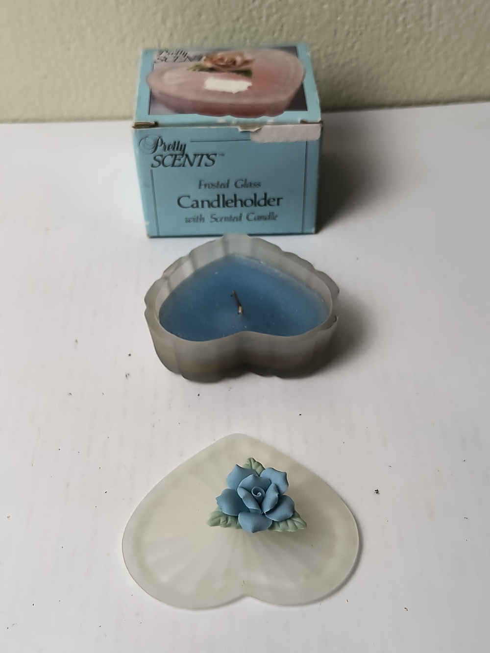 Frosted Glass Heart Candleholder with Blue Candle and Lid - Heart Box